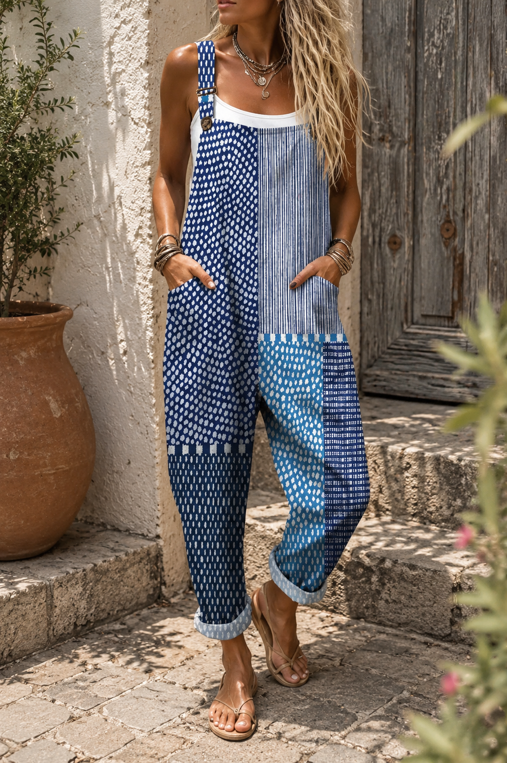 Elena – Blue Patchwork Jumpsuit